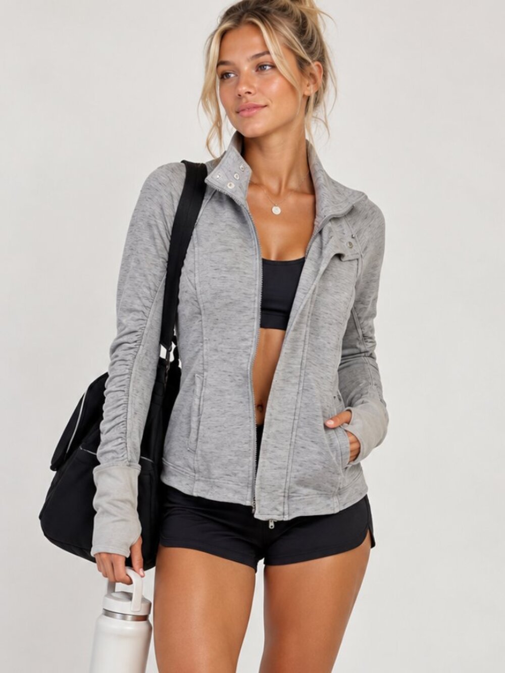Free People Movement Ruched Jacket XS Marled Gray Zip Up Sweatshirt Thumbholes